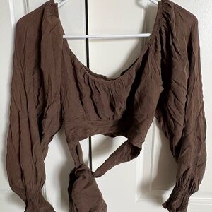 SHEIN Brown Tie Front Ruched Crop Blouse